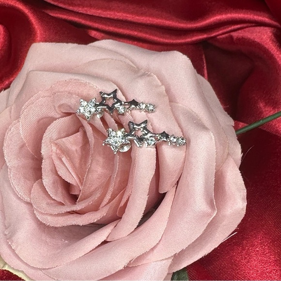 Silver Star Rhinestone Ear Climber Earrings | Celestial Sparkle Cuff Style - Picture 3 of 10
